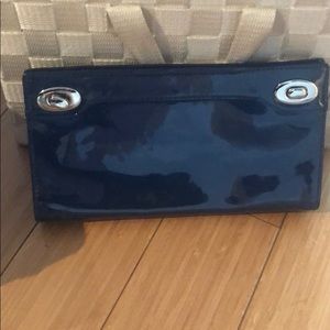 Faux patent leather navy blue clutch